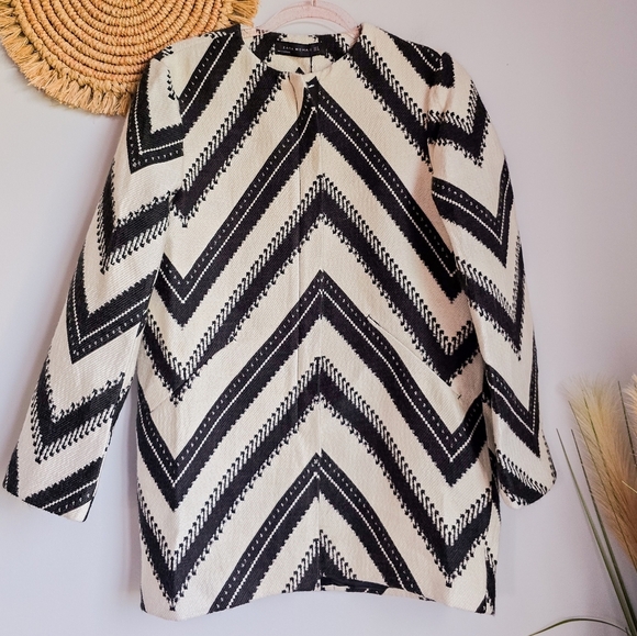 ZARA Women, New, Wool Blend Black White Pattern Longline Coat, Size Small - Picture 3 of 15
